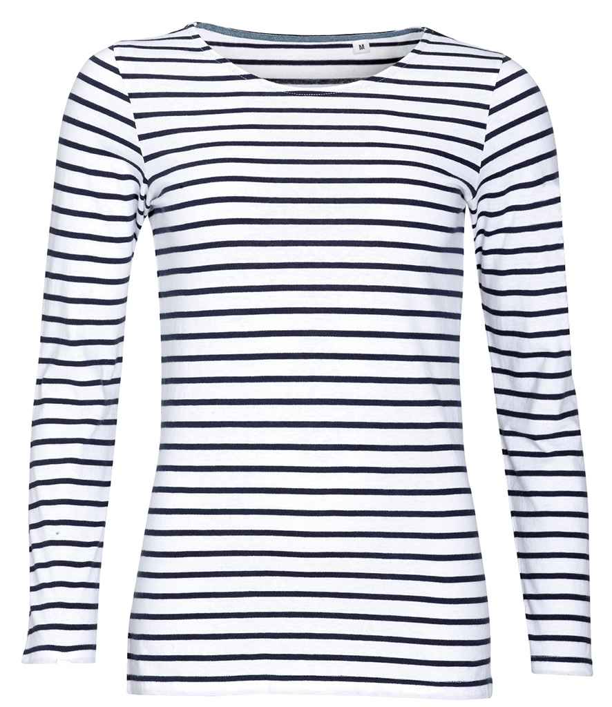 SOL'S Ladies Marine Long Sleeve Striped T-Shirt - White/Navy