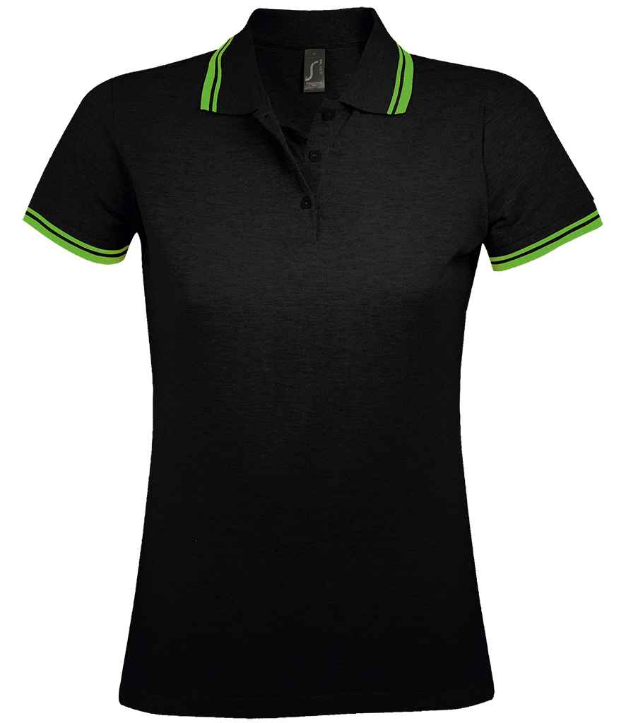 SOL'S Ladies Pasadena Tipped Cotton Piqué Polo Shirt - Black/Lime Green