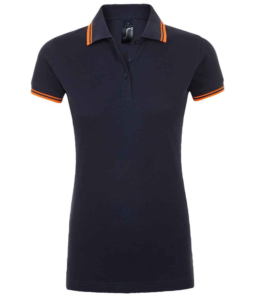 SOL'S Ladies Pasadena Tipped Cotton Piqué Polo Shirt - French Navy/Neon Orange