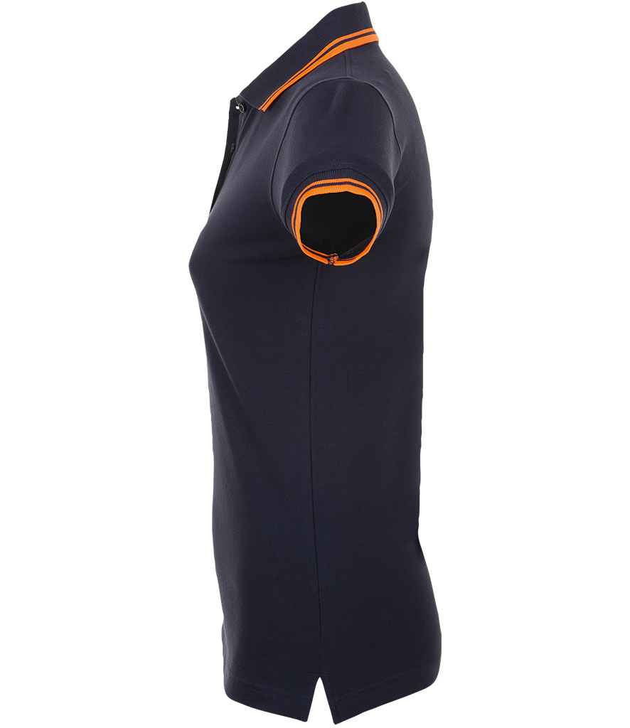 SOL'S Ladies Pasadena Tipped Cotton Piqué Polo Shirt - French Navy/Neon Orange