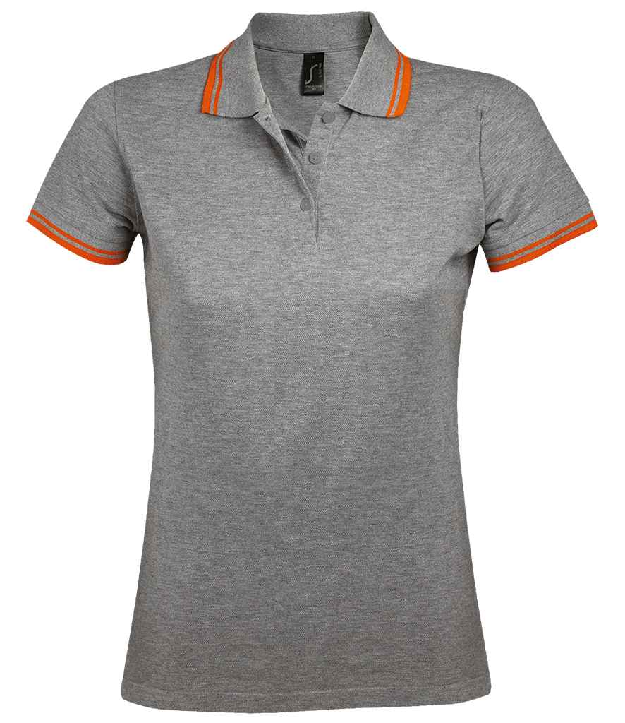 SOL'S Ladies Pasadena Tipped Cotton Piqué Polo Shirt - Grey Marl/Orange