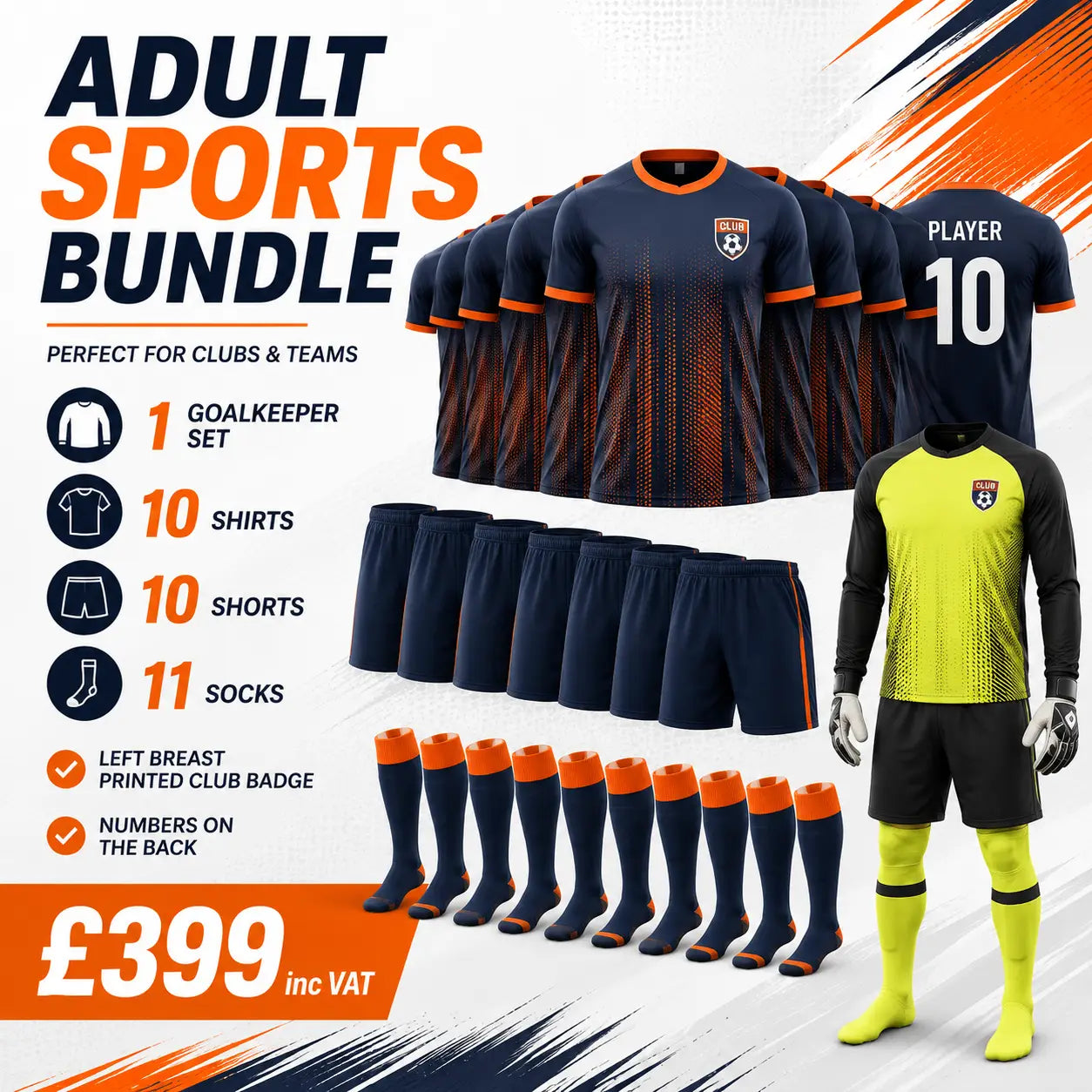 Adult Sports Bundle – Full Football Kit with Printed Badge & Numbers