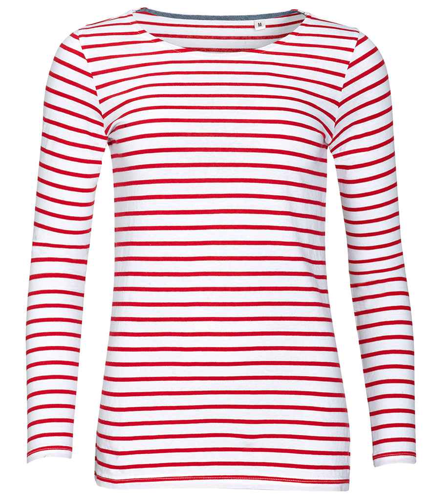 SOL'S Ladies Marine Long Sleeve Striped T-Shirt - White/Red