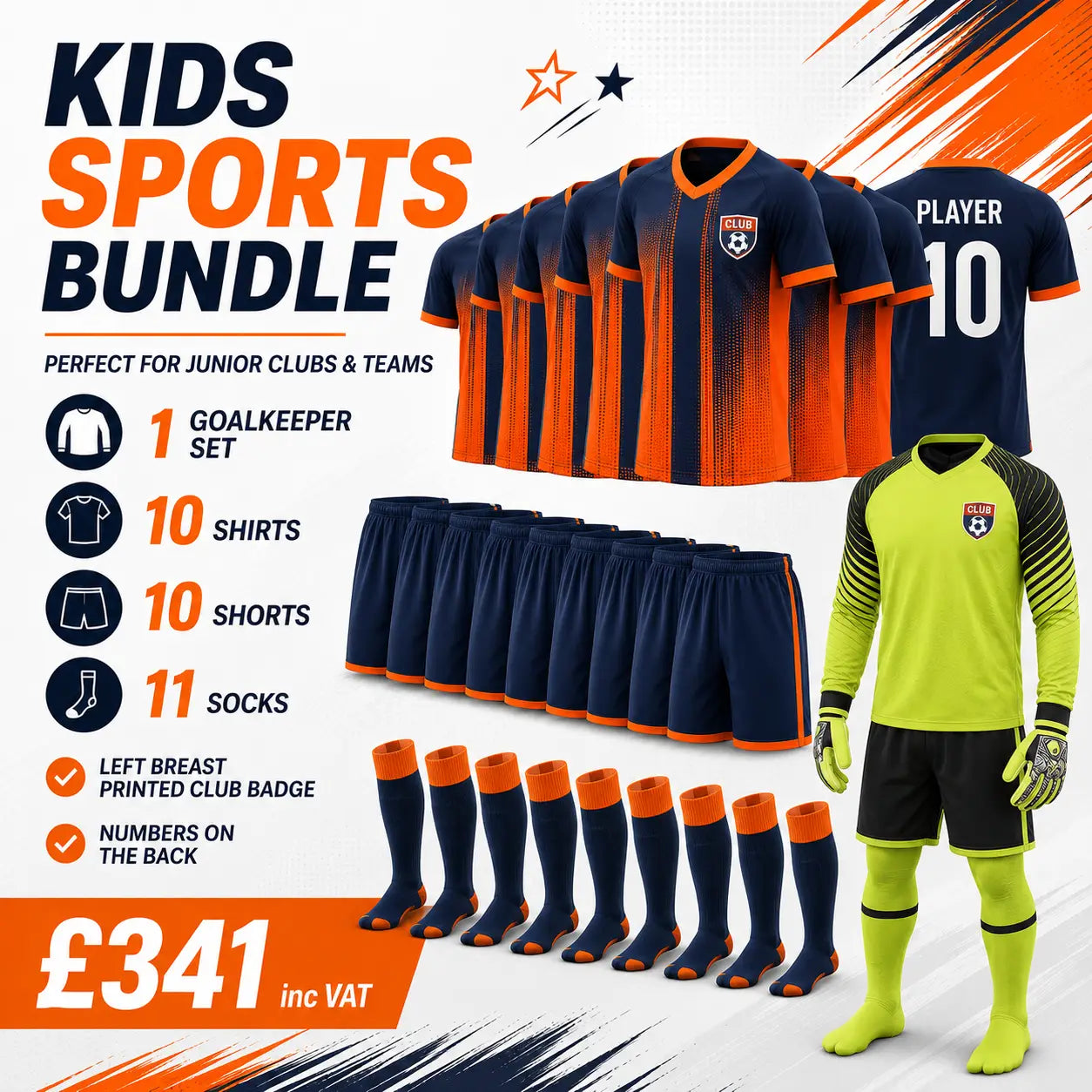 Kids Sports Bundle – Junior Football Kit with Printed Badge & Numbers
